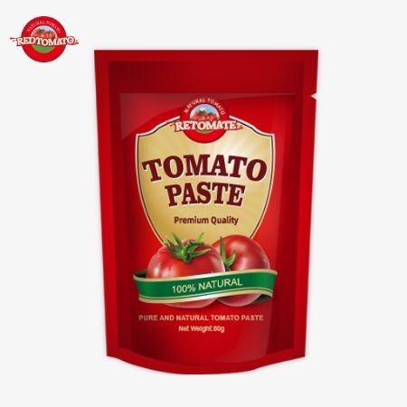 80 گرم خمیر گوجه فرنگی دو برابر متمرکز در یک کیسه ایستاده با سطوح خلوص بین 30٪ تا 100٪