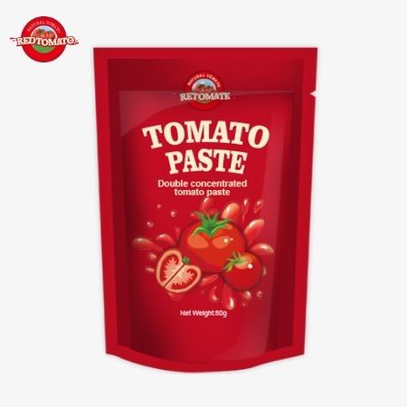 کیسه ایستاده حاوی 80 گرم خمیر گوجه فرنگی دو برابر متمرکز با سطوح خلوص متفاوت از 30٪ تا 100٪