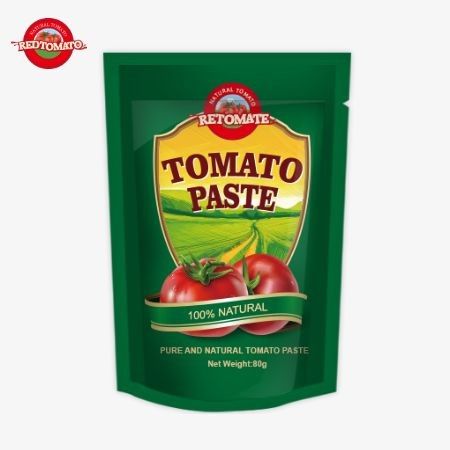 80 گرم کیسه ایستاده از خمیر گوجه فرنگی دو برابر متمرکز با سطوح خلوص متفاوت از 30٪ تا 100٪ ارائه شده است