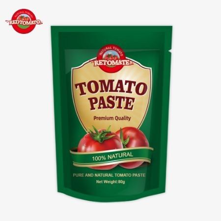 کیسه ایستاده 80 گرم حاوی خمیر گوجه فرنگی دو برابر متمرکز با سطوح خلوص بین 30٪ تا 100٪