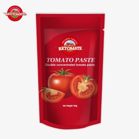 کیسه ایستاده 100 گرم حاوی خمیر گوجه فرنگی دو برابر متمرکز با خلوص بین 30٪ تا 100٪ است