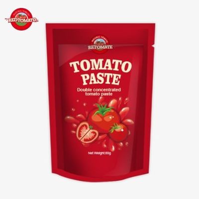کیسه ایستاده حاوی 80 گرم خمیر گوجه فرنگی دو برابر متمرکز با سطوح خلوص متفاوت از 30٪ تا 100٪