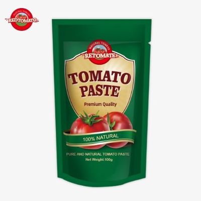 OEM پاکت ایستاده از 100 گرم خمیر گوجه فرنگی متمرکز دوگانه با خلوص بین 30٪ تا 100٪