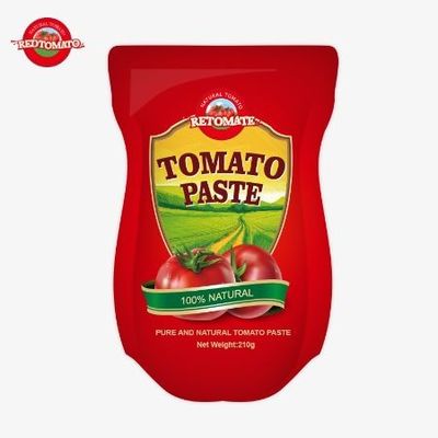 210 گرام پاست گوجه فرنگی در جعبه ایستاده با توجه به استانداردهای تولید ISO HACCP BRC و FDA تولید می شود